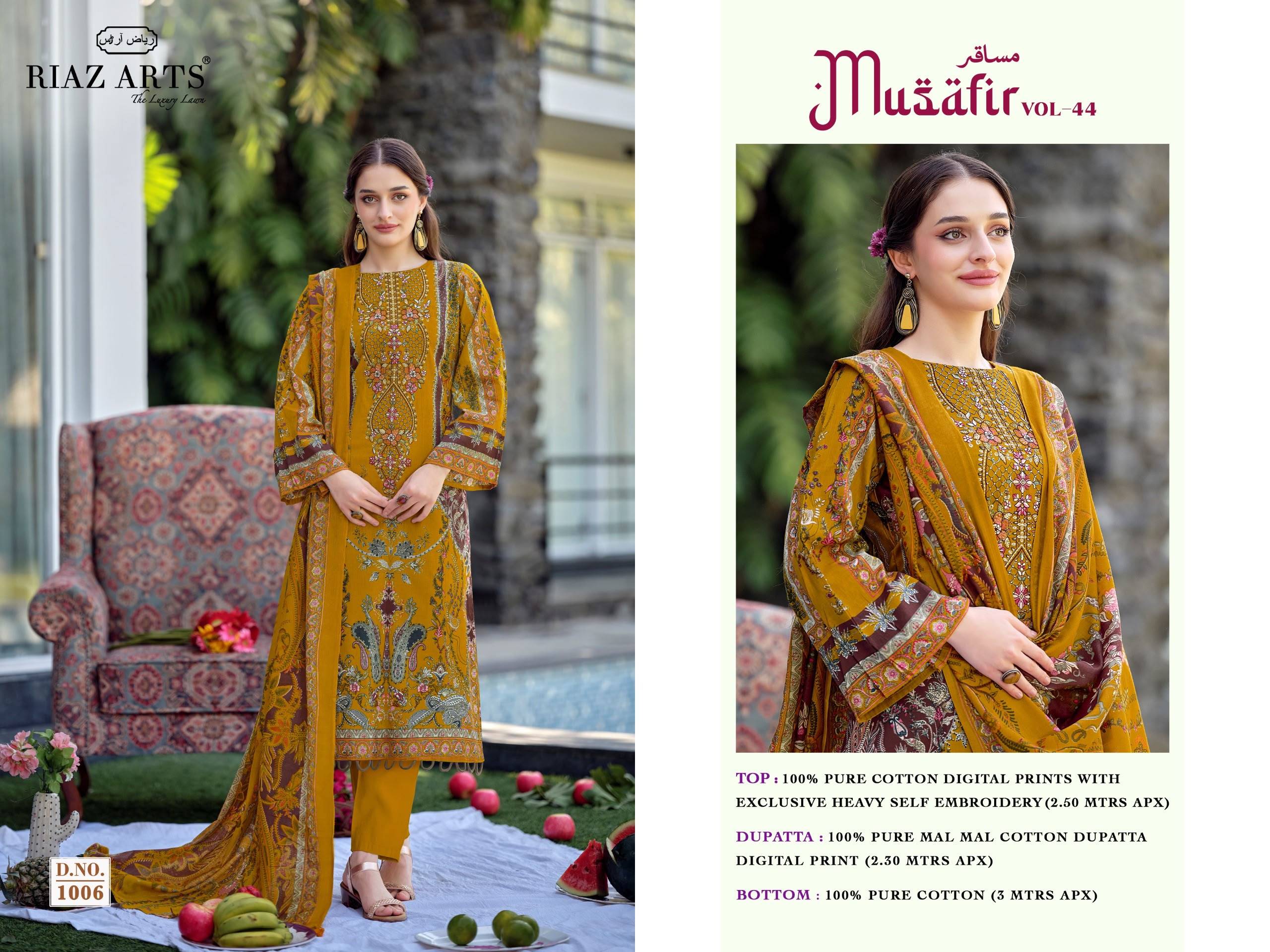 MUSAFIR VOL-44 By RIAZ ARTS 1001 To 1008 Series Beautiful Festive Suits Stylish Colorful Fancy Casual Wear Pure Cotton Dresses At Wholesale Price